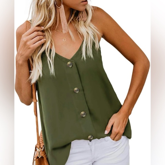 Olive Green Button-Down Women's Top - Picture 1 of 4